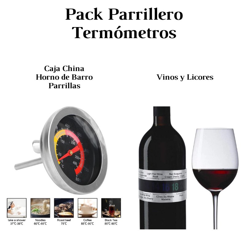 Pack Parrillero Termómetros Parrilla/Caja China/Vinos y Licores